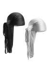 Mikihat 2Pcs turban Durag à Longue Queue, Unisexe Silk Durag Larges sangles Bandeaux Headwrap Bandanas Chapeau Hat Durag Pira
