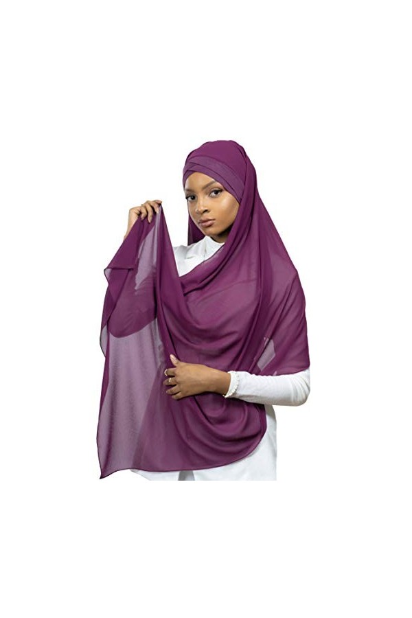Hijab Foulard à Enfiler avec bonnet intégré pour femme musulmane voilée châle islamique voile enfilable Prune 