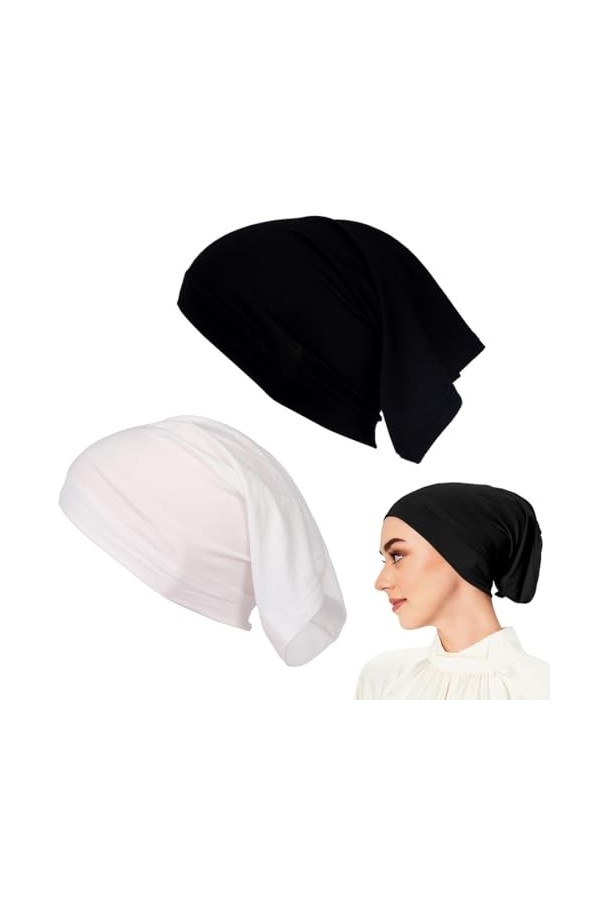 EODKSE Lot de 2 Turbans Femme - Sous-Bonnets Hijab ajustables - Fermeture à embrasse - Couleur unie - Respirant et élastique 