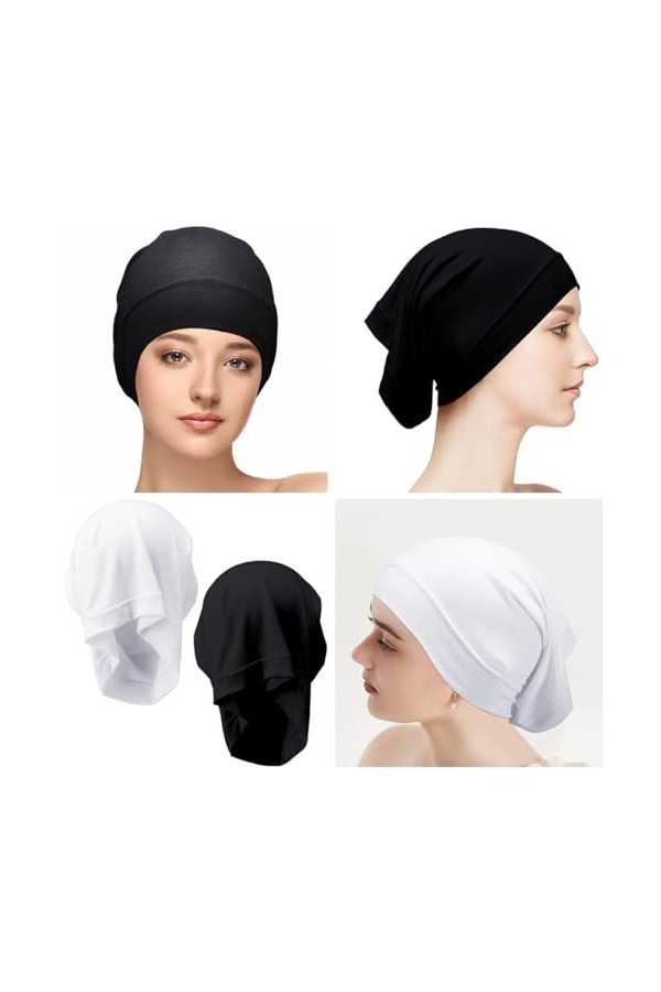 EODKSE Lot de 2 Turbans Femme - Sous-Bonnets Hijab ajustables - Fermeture à embrasse - Couleur unie - Respirant et élastique 