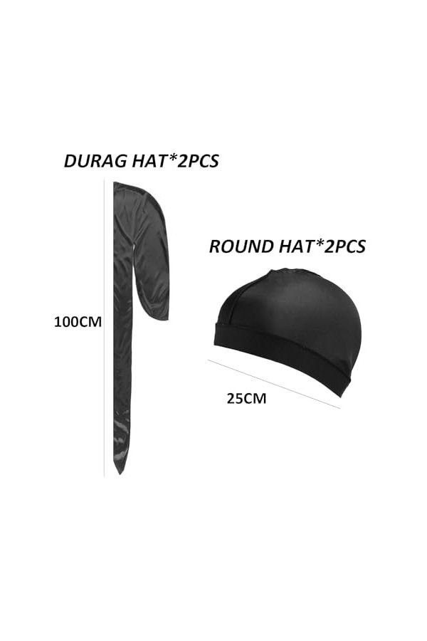 2 chapeaux durag et 2 chapeaux ronds, chapeau ondulé en soie, durag en soie, bonnet durag satin, bandana pirate, bandeau de t