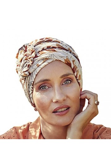 Christine Headwear Lotus Turban-Lin imprimé Bandeau, Feuilles Beiges, Taille Unique Femme