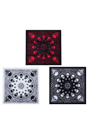 DAMILY 3PCS Bandana en Coton Foulard Carré Fichu Crâne Imprimé Écharpe de Cou Noir Blanc Rouge