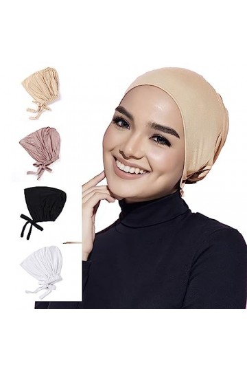 4 Pièces Femme Hijab Undercap, Bonnets Réglables pour Hijab Musulman, Bonnet Hijab Respirant en Coton Élastique avec Cordon d