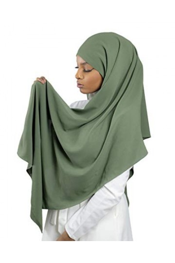 Hijab à enfiler avec bonnet à nouer en soie de médine Luxueux pour femme musulmane voilée HE700 Vert Kaki 