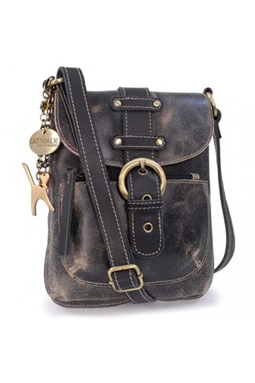 Catwalk Collection Handbags - Cuir Vintage Texture - Petit Sac Bandoulière/Besace/Sac Porté Croisé/Messenger pour iPhone - Fe