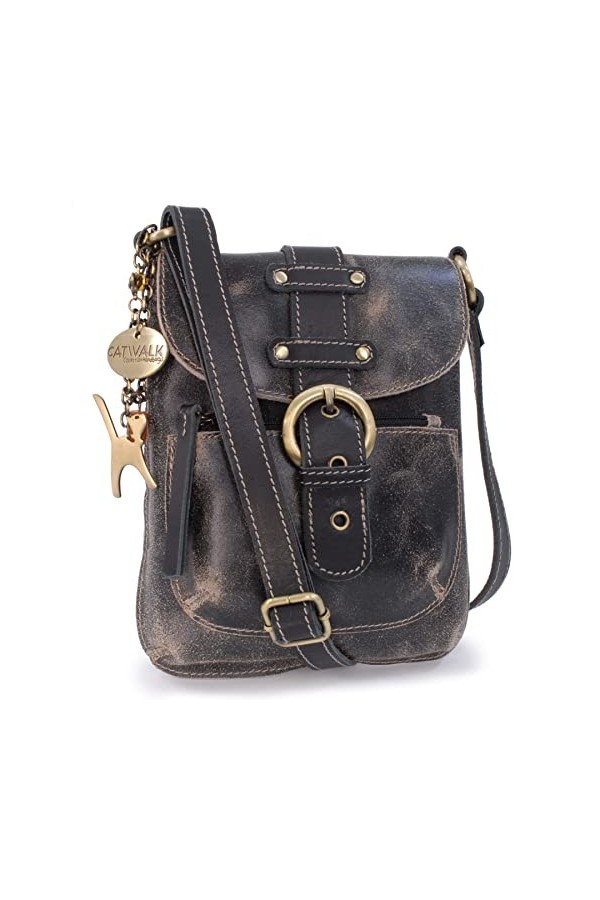 Catwalk Collection Handbags - Cuir Vintage Texture - Petit Sac Bandoulière/Besace/Sac Porté Croisé/Messenger pour iPhone - Fe