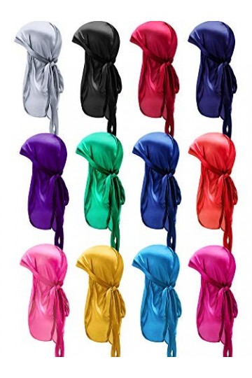 SATINIOR 12 Pièces Casquettes Durag Soyeuses Foulard Durag Doux à Longue Queue Bandeaux Élastiques Doux de Large Bretelles po