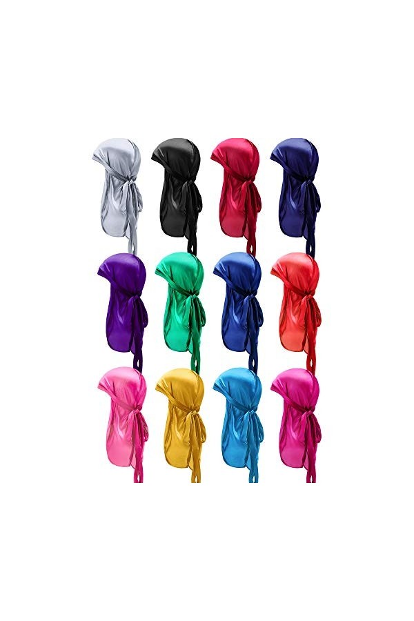 SATINIOR 12 Pièces Casquettes Durag Soyeuses Foulard Durag Doux à Longue Queue Bandeaux Élastiques Doux de Large Bretelles po