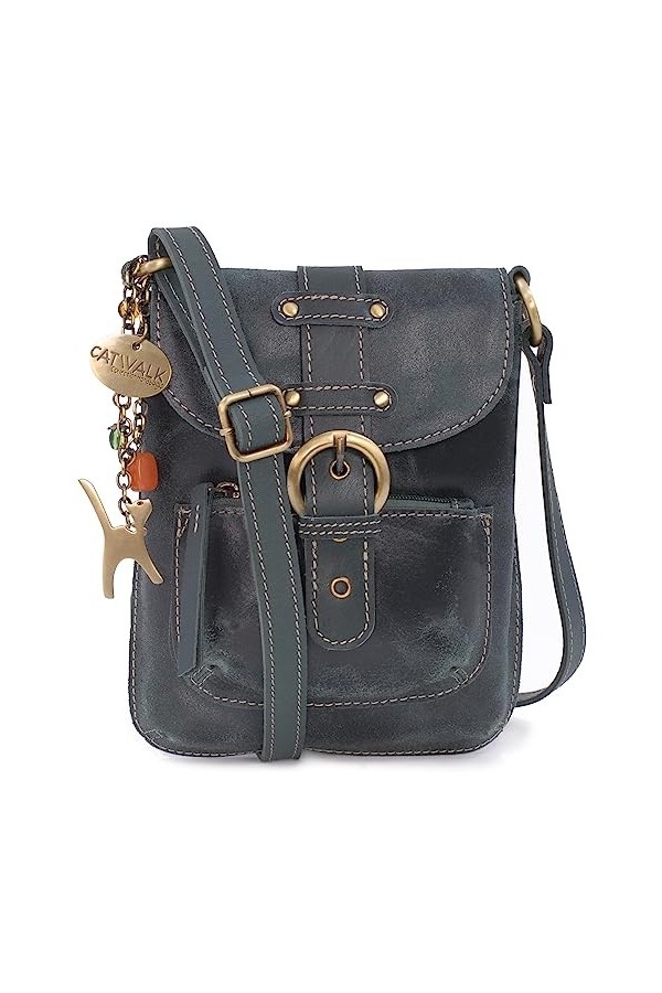 Catwalk Collection Handbags - Cuir Vintage Texture - Petit Sac Bandoulière/Besace/Sac Porté Croisé/Messenger pour iPhone - Fe