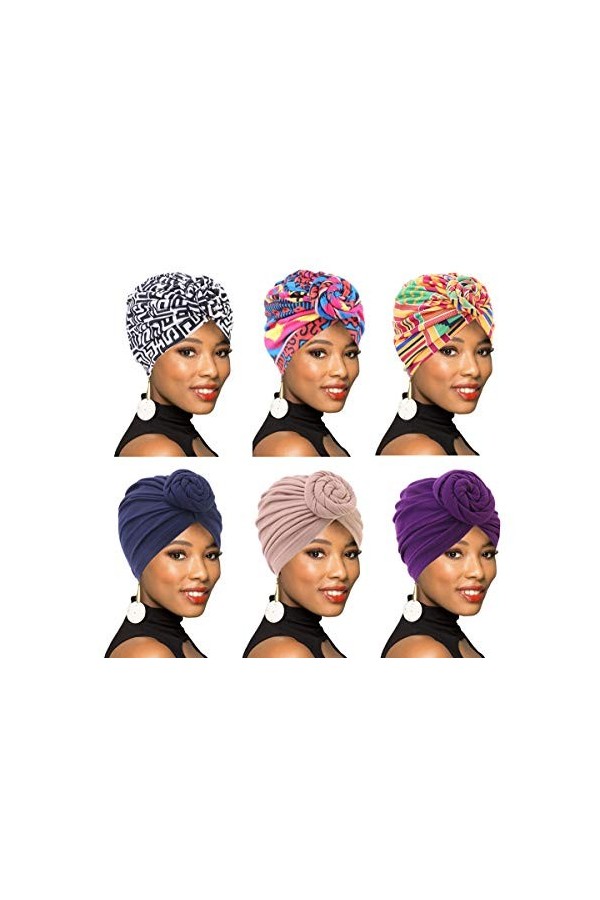 Lot de 4/6 paquets de turban pour femme avec nœud africain, Colour013, Taille unique