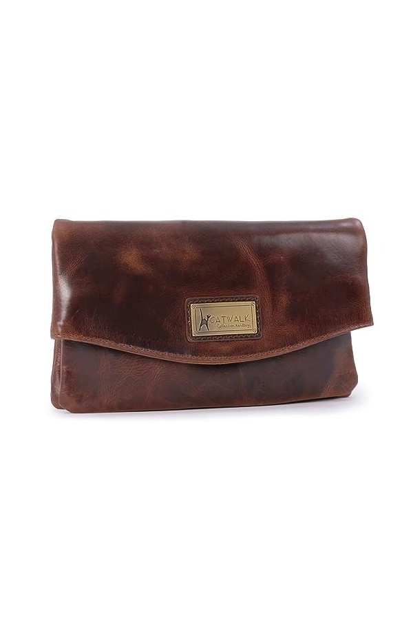 Catwalk Collection Handbags - Sac Pochette Pour Femme en Cuir - Clutch - Bandoulière Réglable et Détachable - HANNAH - Marron