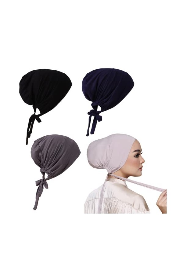 Lot de 3 bonnets musulmans réglables sous hijab avec attaches au dos islamique sous écharpe, bonnet, chimio, noir, Taille uni