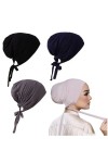 Lot de 3 bonnets musulmans réglables sous hijab avec attaches au dos islamique sous écharpe, bonnet, chimio, noir, Taille uni