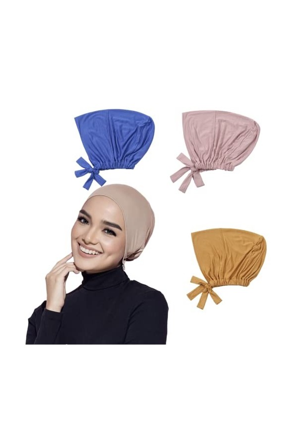 Lot de 3 bonnets musulmans réglables sous hijab avec attaches au dos islamique sous écharpe, bonnet, chimio, noir, Taille uni
