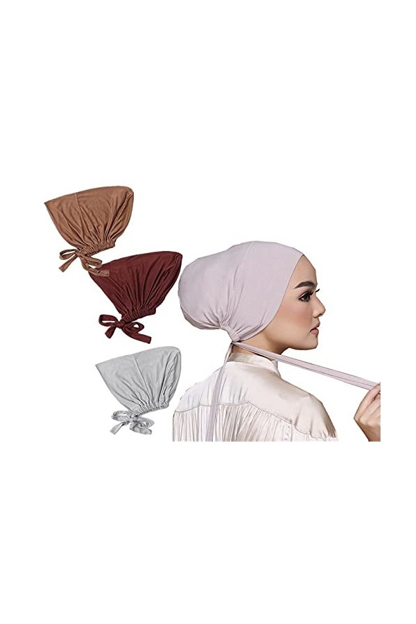 Lot de 3 bonnets musulmans réglables sous hijab avec attaches au dos islamique sous écharpe, bonnet, chimio, noir, Taille uni