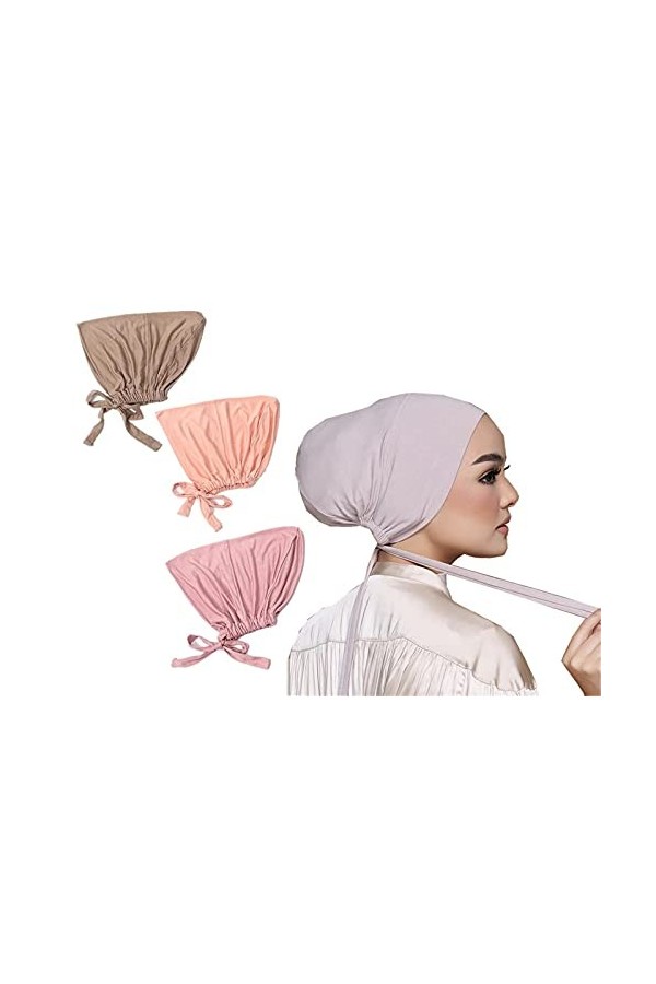 Lot de 3 bonnets musulmans réglables sous hijab avec attaches au dos islamique sous écharpe, bonnet, chimio, noir, Taille uni