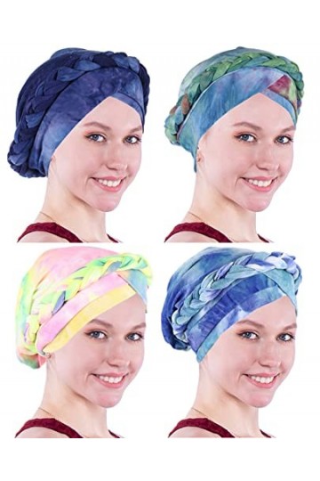 Chapeau de chimiothérapie - Style ethnique bohème pré-noué - Tresse torsadée - Turban, Lot de 4 pièces tie dye arc-en-ciel bl