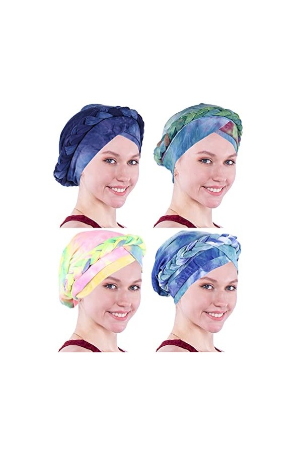 Chapeau de chimiothérapie - Style ethnique bohème pré-noué - Tresse torsadée - Turban, Lot de 4 pièces tie dye arc-en-ciel bl