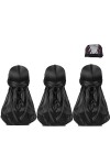 Lot de 3 Paires de Durag Soyeuses avec Bonnet Ondulé, pour Homme et Femme, Chiffon en Satin, Foulard Long pour Cheveux