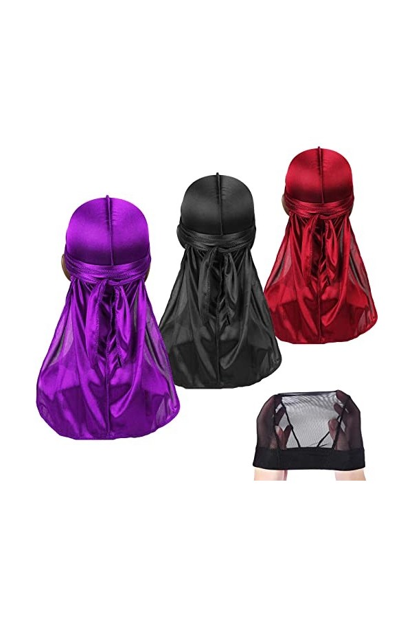 Lot de 3 Paires de Durag Soyeuses avec Bonnet Ondulé, pour Homme et Femme, Chiffon en Satin, Foulard Long pour Cheveux