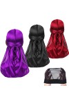 Lot de 3 Paires de Durag Soyeuses avec Bonnet Ondulé, pour Homme et Femme, Chiffon en Satin, Foulard Long pour Cheveux
