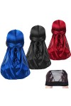 Lot de 3 Paires de Durag Soyeuses avec Bonnet Ondulé, pour Homme et Femme, Chiffon en Satin, Foulard Long pour Cheveux