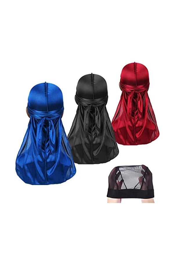 Lot de 3 Paires de Durag Soyeuses avec Bonnet Ondulé, pour Homme et Femme, Chiffon en Satin, Foulard Long pour Cheveux