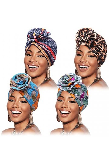 4 Pièces Bandeaux de Turban Africain de Fleur avec Noeud Doux Bonnet Africain