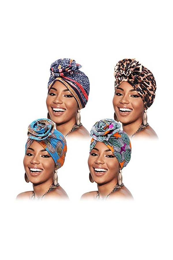 4 Pièces Bandeaux de Turban Africain de Fleur avec Noeud Doux Bonnet Africain