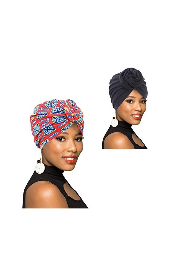 Turban motif africain avec nœud - Pack de 1, 2 ou 4 turbans pour cheveux - - Taille unique