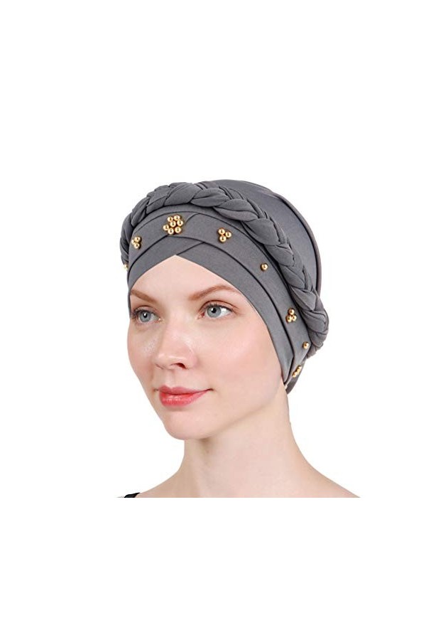 Lot de 2 turban torsadé pour femme avec perles torsadées pour cancer chimique, Feuilles beiges., Taille unique
