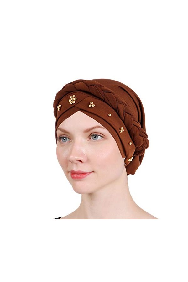 Lot de 2 turban torsadé pour femme avec perles torsadées pour cancer chimique, Feuilles beiges., Taille unique