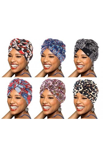 BABAHU 6Packs Femmes Turban Africain Motif de Coton Nœudé Pois Pré-Attaché Chapeau Maquillage Cap Perte de Cheveux Casquette 