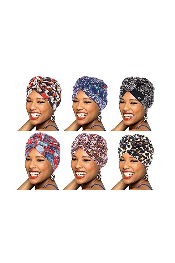 BABAHU 6Packs Femmes Turban Africain Motif de Coton Nœudé Pois Pré-Attaché Chapeau Maquillage Cap Perte de Cheveux Casquette 