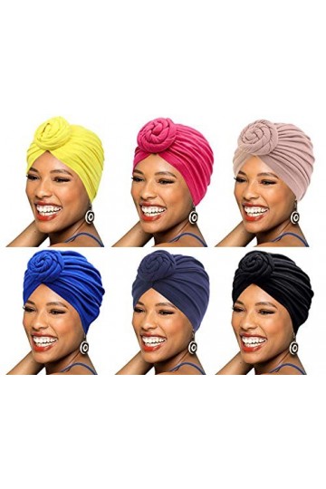 BABAHU 6Packs Femmes Turban Africain Motif de Coton Nœudé Pois Pré-Attaché Chapeau Maquillage Cap Perte de Cheveux Casquette 