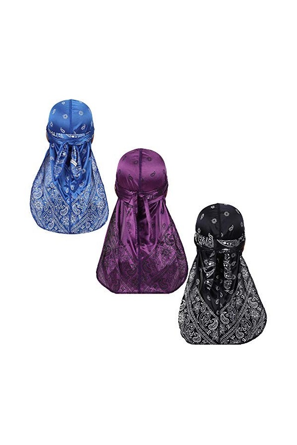 DINPREY Bandana Doo en soie pour homme et femme avec longue queue et sangles larges pour 360 vagues, noir, taille unique