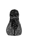 DINPREY Bandana Doo en soie pour homme et femme avec longue queue et sangles larges pour 360 vagues, noir, taille unique