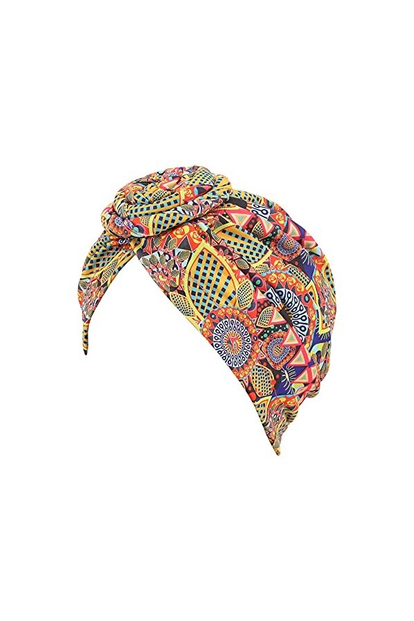 Surkat Turban plissé pour femme avec imprimé africain, Jaune et rose., Taille unique