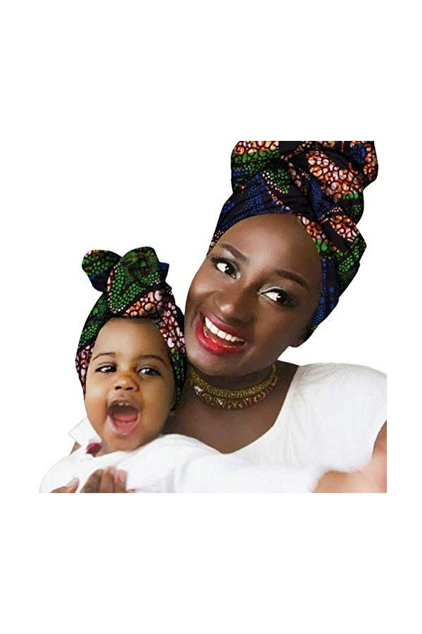 Mengyu Lot de 2 Turban Noueuse Multi-usages Turbans Foulard en Coton Tête Echarpe avec Imprimé Africain pour Maman et Fille 