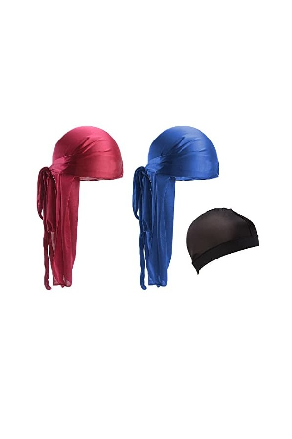 Quesuc 2 Pièces Durag Hommes Soie Silky Durag Respirant Doux Élastique Bandana Wave Cap Long Tail Headwraps avec 1 Wave Cap p