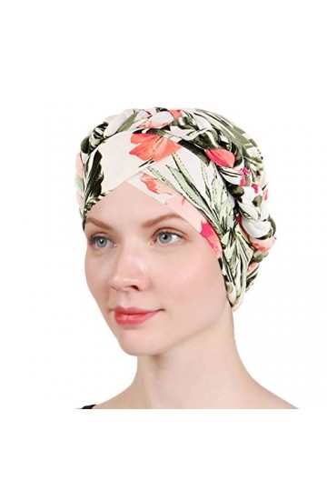 Lot de 2 turban torsadé pour femme avec perles torsadées pour cancer chimique, Feuilles beiges., Taille unique