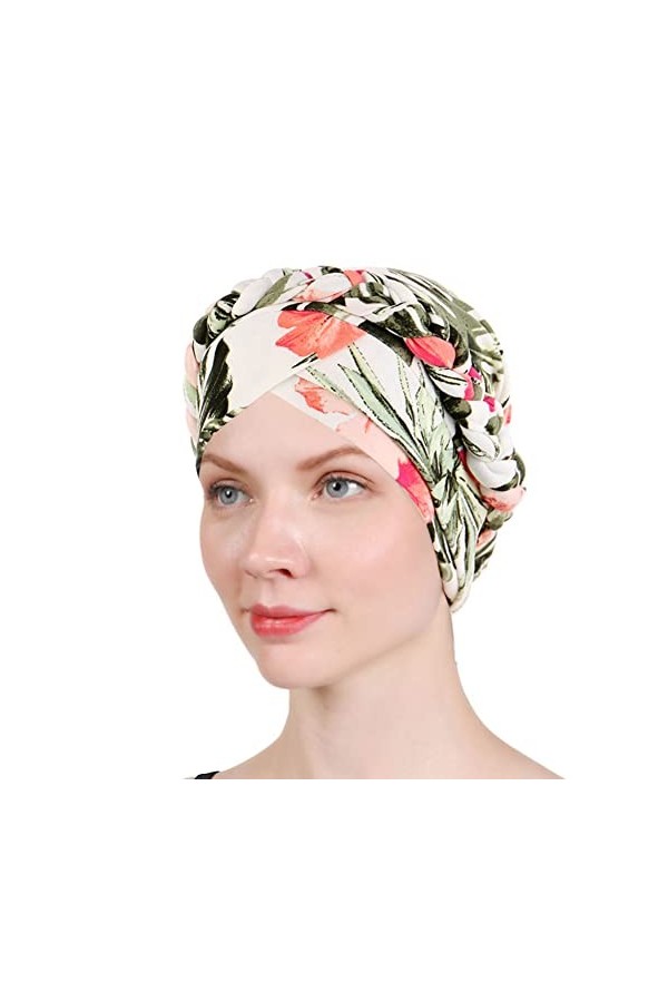 Lot de 2 turban torsadé pour femme avec perles torsadées pour cancer chimique, Feuilles beiges., Taille unique