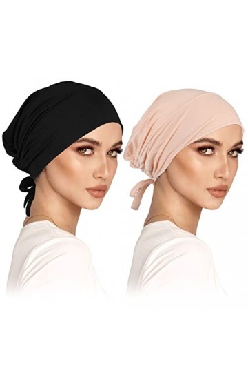 Ensemble de 2 Turbans pour Femmes sous-Capote Hijab Bonnet Slouch Classique en Couleur Unie avec Attache à Nouer. Idéal pour 