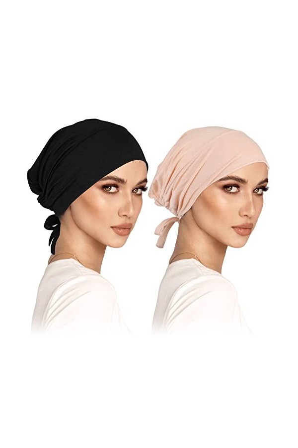Ensemble de 2 Turbans pour Femmes sous-Capote Hijab Bonnet Slouch Classique en Couleur Unie avec Attache à Nouer. Idéal pour 