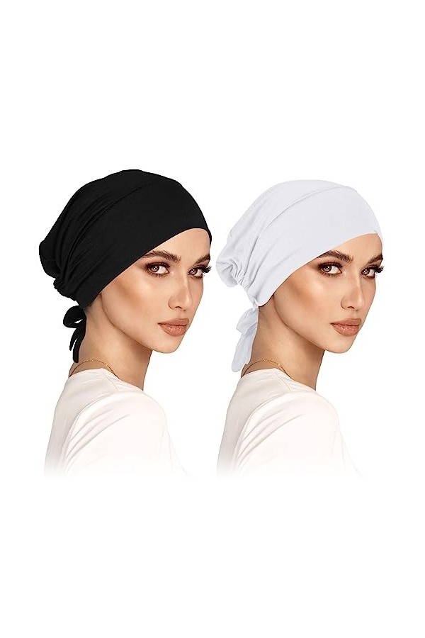 Ensemble de 2 Turbans pour Femmes sous-Capote Hijab Bonnet Slouch Classique en Couleur Unie avec Attache à Nouer. Idéal pour 