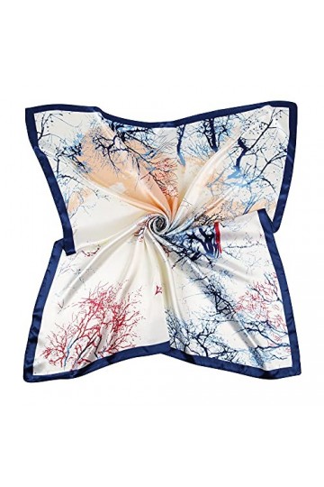 DAMILY Femmes Carré Bandana Echarpes Avec Arbre Imprimer Imité Soie Bureau Foulard Echarpes Tête 90x90cm Bleu 