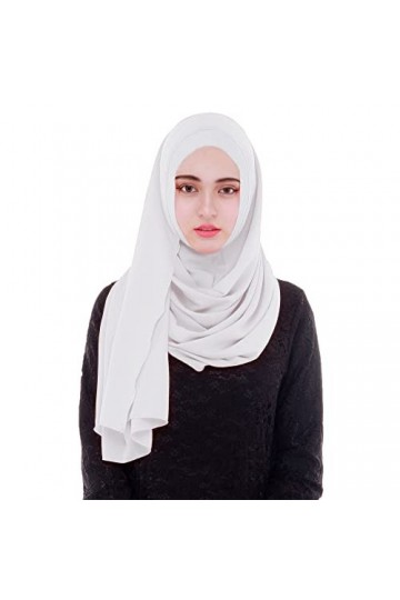 MOWEN Écharpe en mousseline de soie à bulles avec bonnet pour femme, hijab musulman léger, blanc, Large
