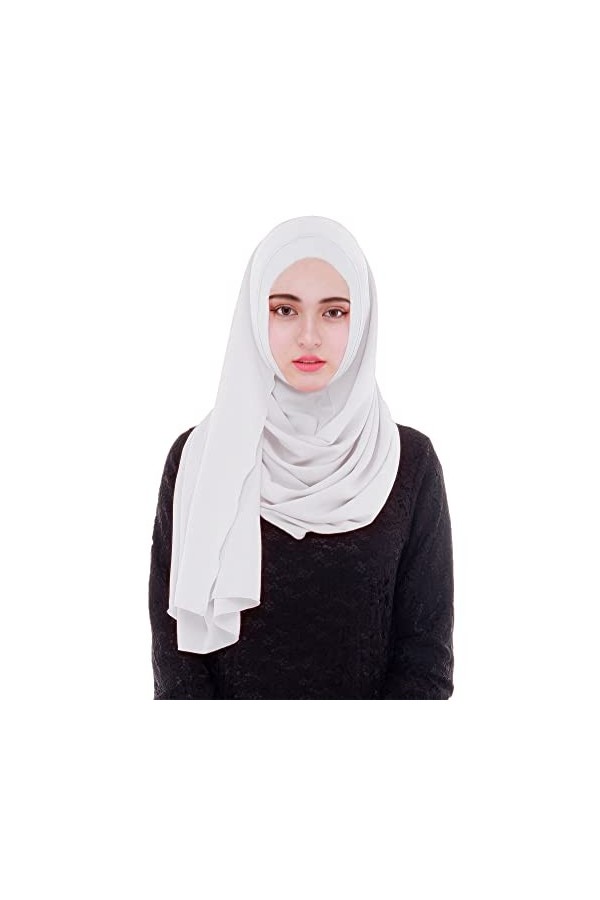 MOWEN Écharpe en mousseline de soie à bulles avec bonnet pour femme, hijab musulman léger, blanc, Large