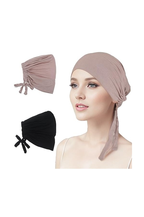 Lot de 2 casquettes hijab pour femme - Réglable - Avec dos noué - Couleur unie - Hijab, noir + kaki clair, 9,4 x 7,9 Zoll/ 24